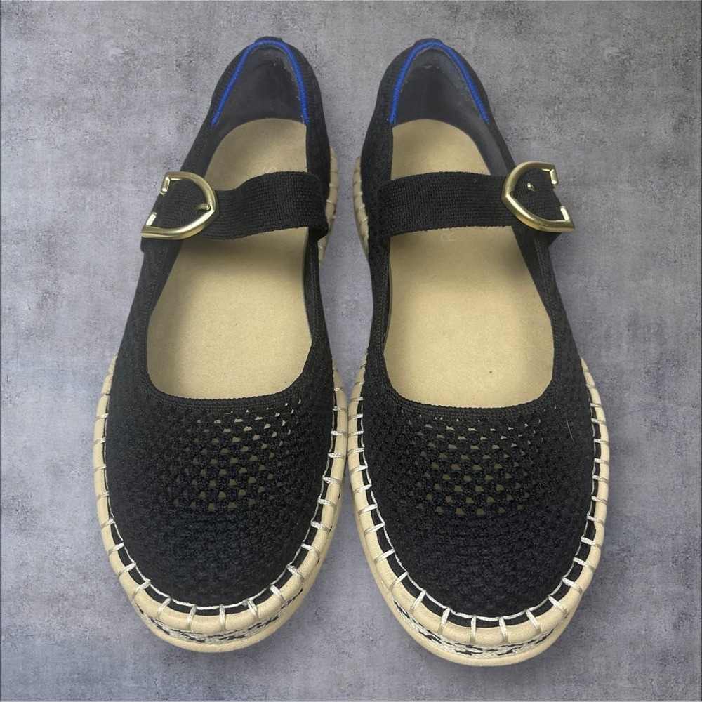 Black Women's Espadrille Mary Jane Flats with Gold Buckle - Picture 2 of 9
